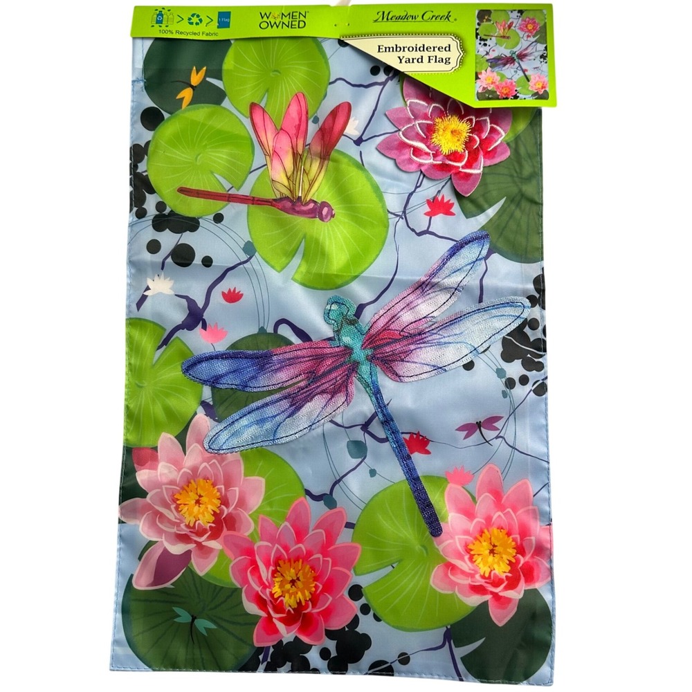 Meadow Creek Embroidered Yard Flag Dragonfly Floral Flowers Garden Decor 11.5x18